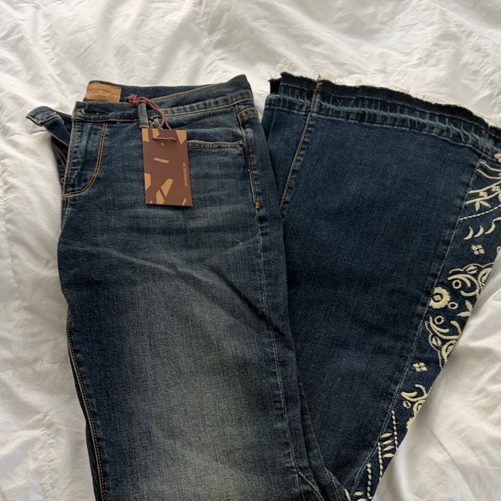 DRIFTWOOD Dark Blue Flare Jeans with White Embroidery